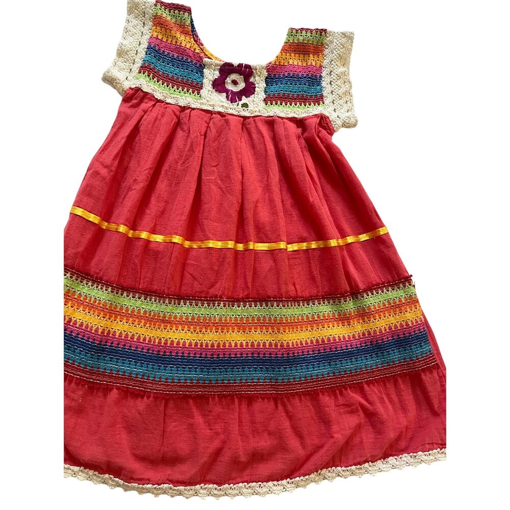 Vtg Girl Mexican Rainbow Dress Size 4T handmade Cotton Crochet Lace Boho Fiesta